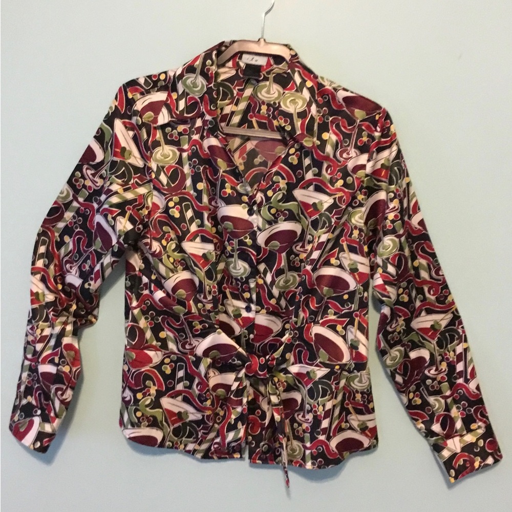 Martini Print Tie Front Long Sleeve Blouse